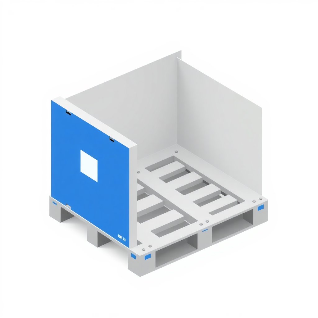 Minimalist isometric icon of a metal EUR box-pallet (800x1200mm), industrial clean design, blue and grey accents, white background