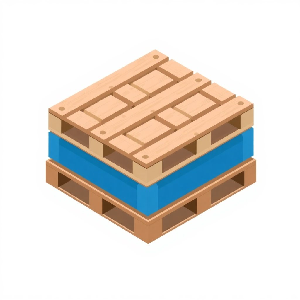 Minimalist isometric icon of a standard wooden EUR-1 pallet (800x1200mm), industrial clean design, blue and grey accents, white background