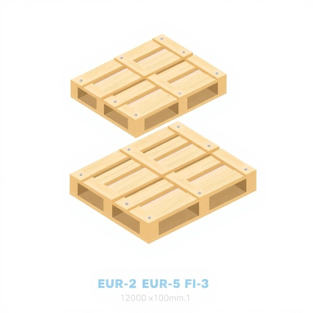 Minimalist isometric icon of wooden EUR-2 and EUR-3 pallets (1200x1000mm), industrial clean design, blue and grey accents, white background