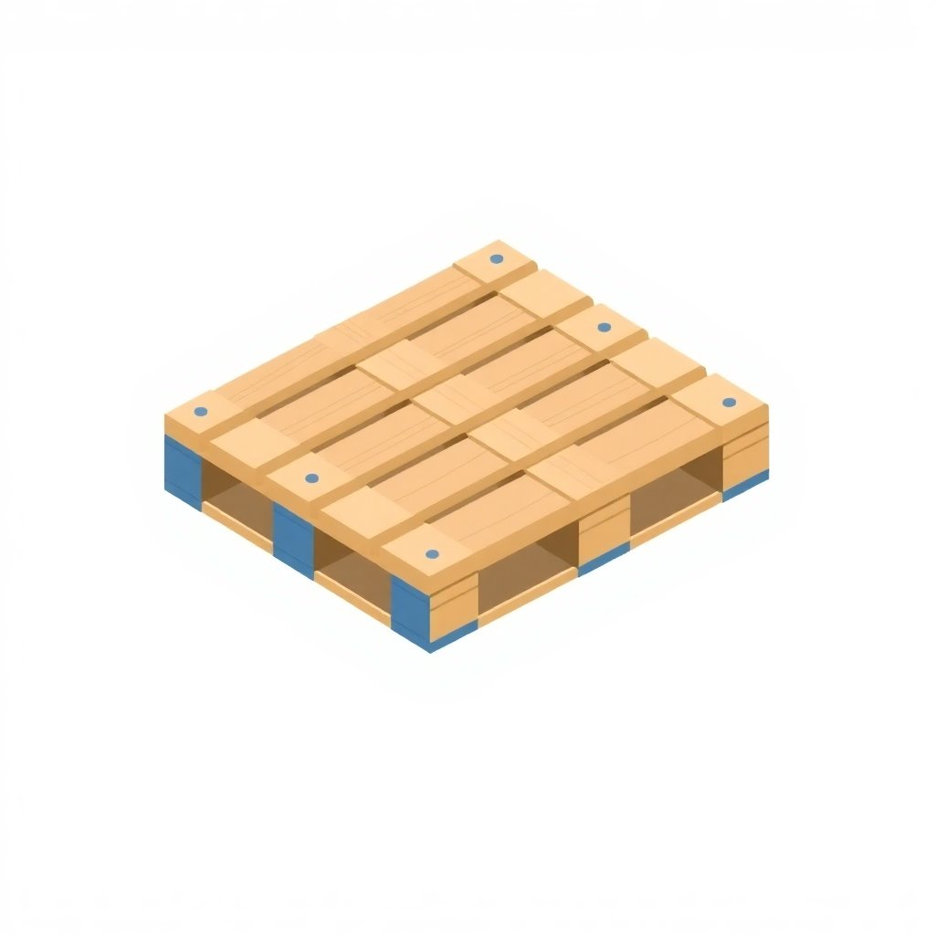 Minimalist isometric icon of a small wooden EUR-6 pallet (800x600mm), industrial clean design, blue and grey accents, white background