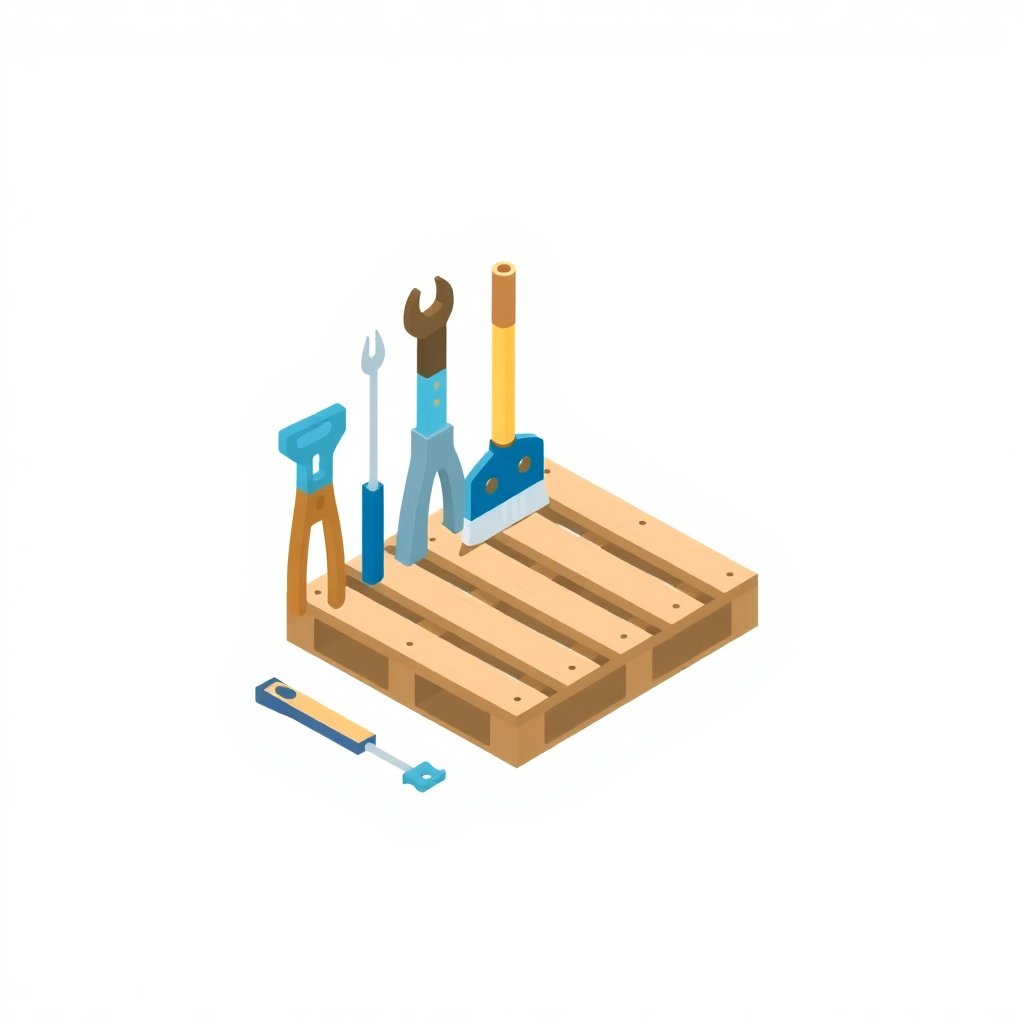 Minimalist isometric icon representing pallet repair tools and a broken pallet being fixed, industrial clean design, blue and grey accents, white background
